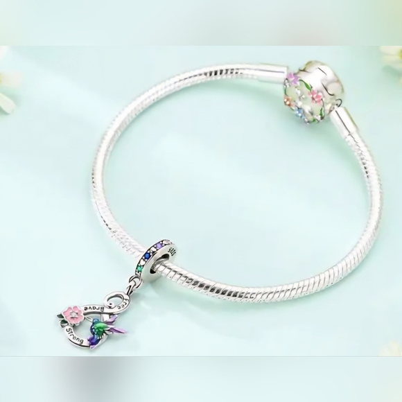 925 Sterling Silvery Hummingbird And Infinity Charm with Pink and Purple Accents - Picture 3 of 4